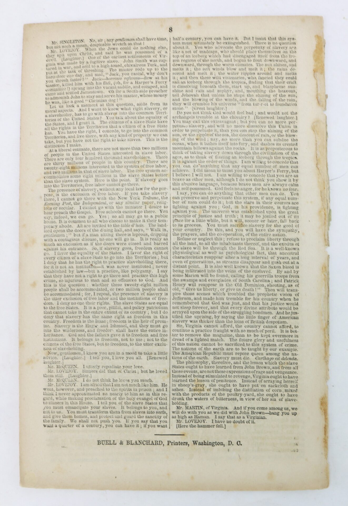 A single page of densely printed text in two columns on aged paper, with "BUELL & BLANCHARD, Printers, Washington, D. C." centered at the bottom.