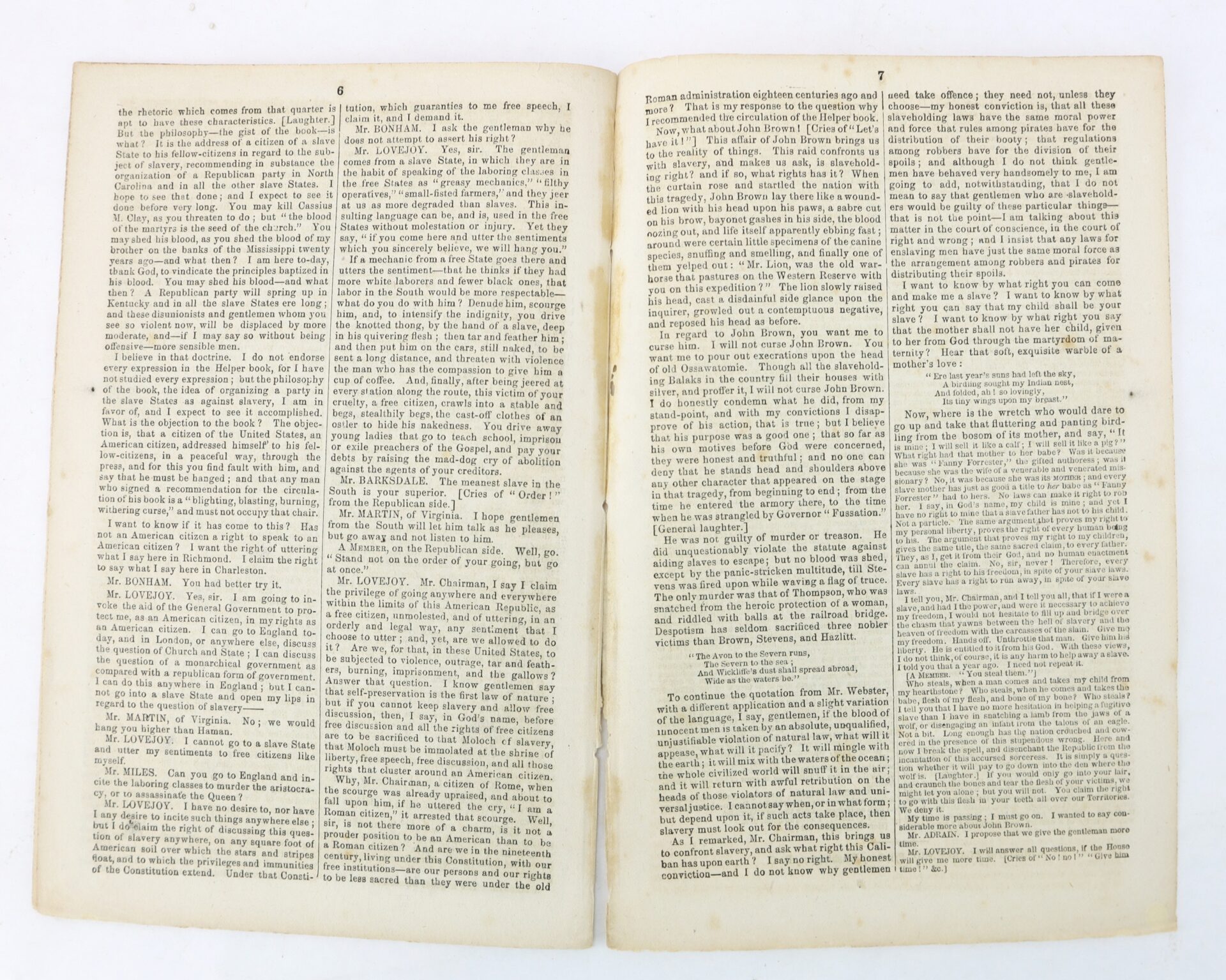 Open book displaying two pages of densely packed, small black text printed in three columns per page on off-white paper; no images or illustrations present.