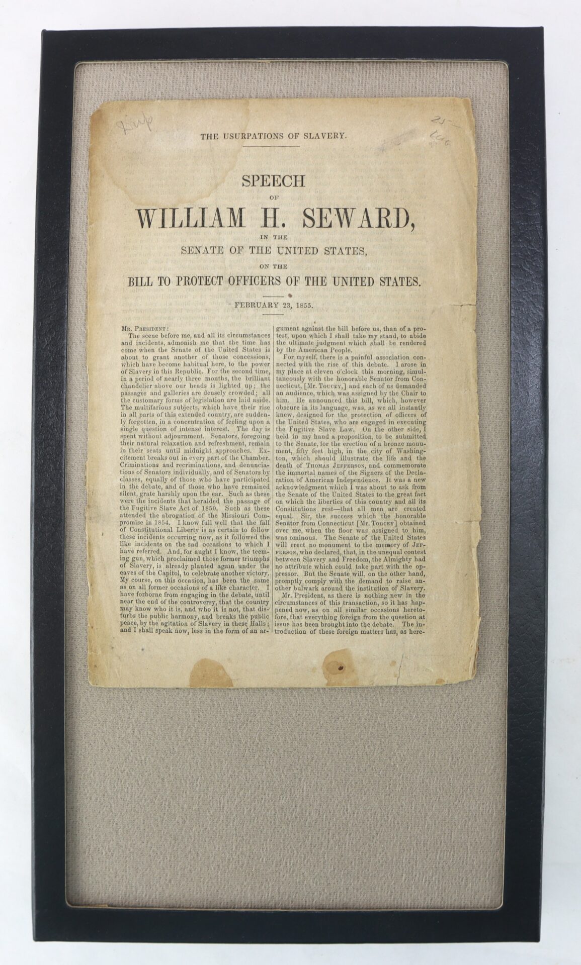 Framed historical document titled "Speech of William H. Seward, Senate of the United States, on the Bill to Protect Officers of the United States," dated February 23, 1855.