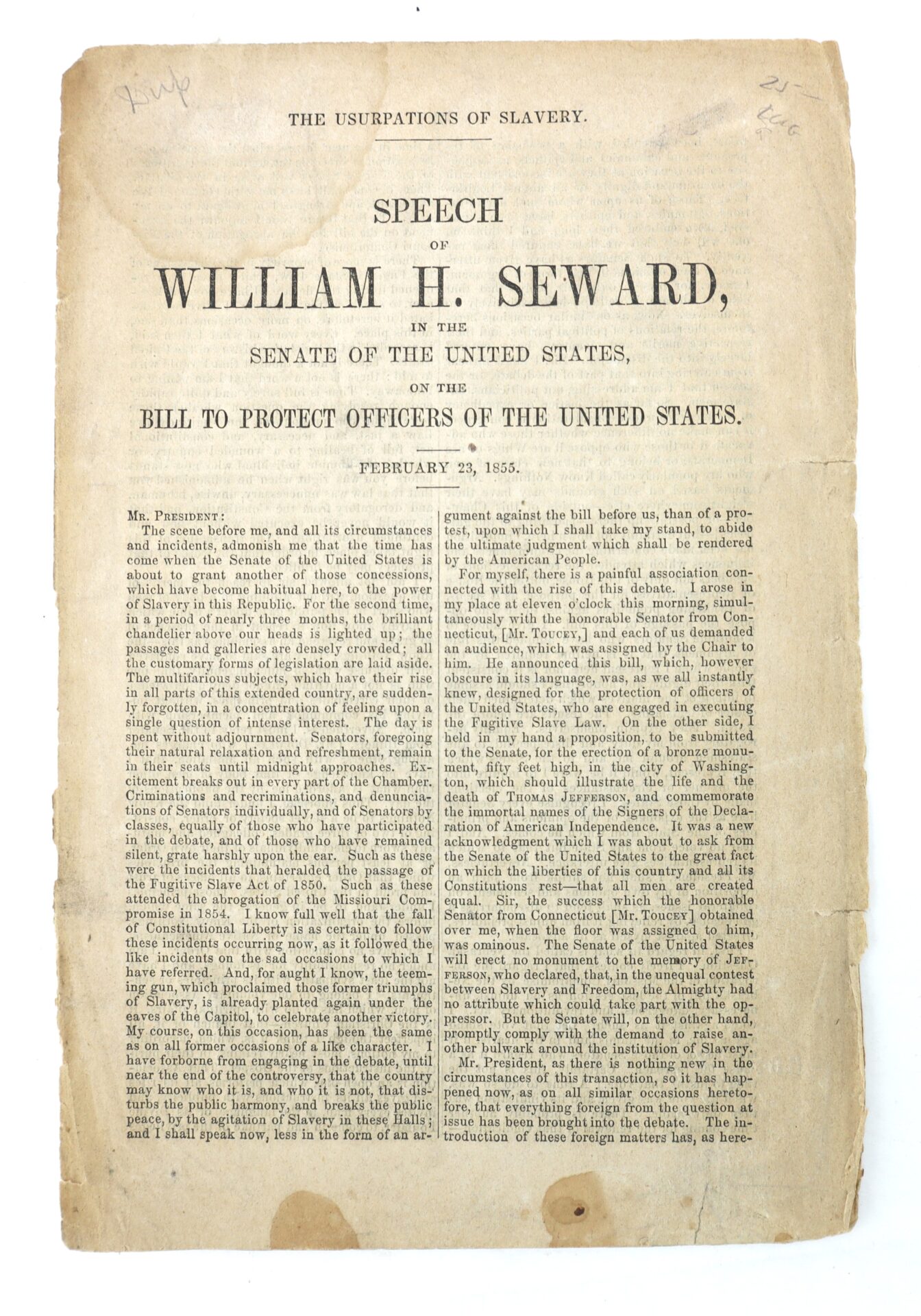 A worn, single-page historical document titled "Speech of William H. Seward in the Senate of the United States, on the Bill to Protect Officers of the United States," dated February 23, 1855.