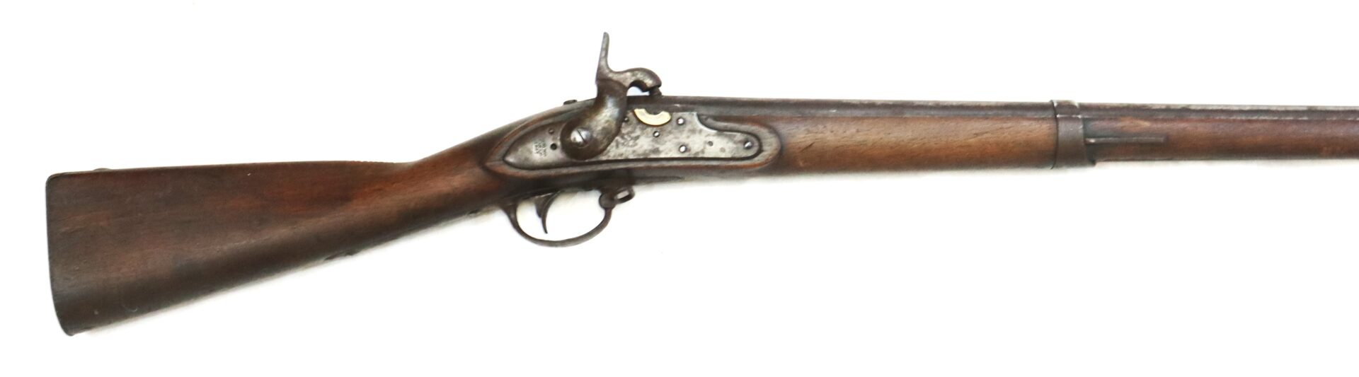 A vintage, single-shot, muzzle-loading rifle with a wooden stock and metal lock mechanism shown on a white background.