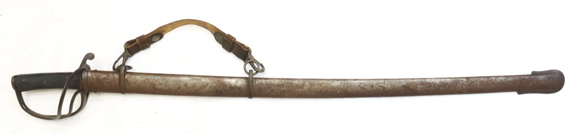 A metal sword with a protective hand guard in a rusted scabbard, featuring a worn leather shoulder strap and metal buckle attachments.