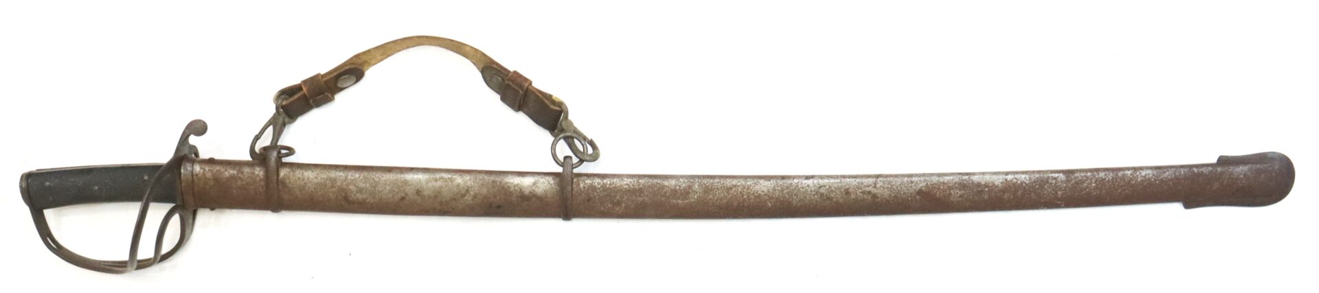 An antique sword with a protective hand guard is sheathed in a metal scabbard, featuring an attached worn leather strap with metal buckles and clasps.