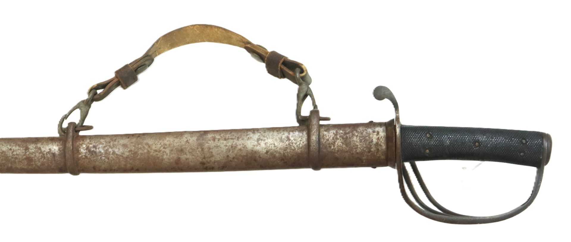 A rusted metal sword scabbard with a leather shoulder strap and a black-handled sword partially visible inside.