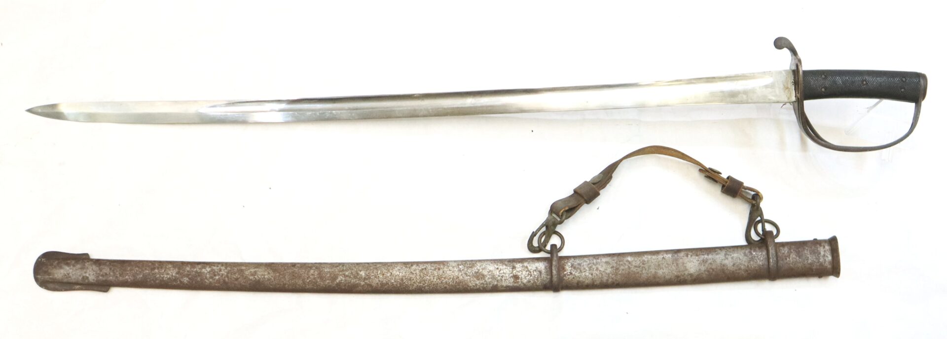 A metal sword with a black hilt and handguard is displayed above a worn, metal scabbard with a leather strap.
