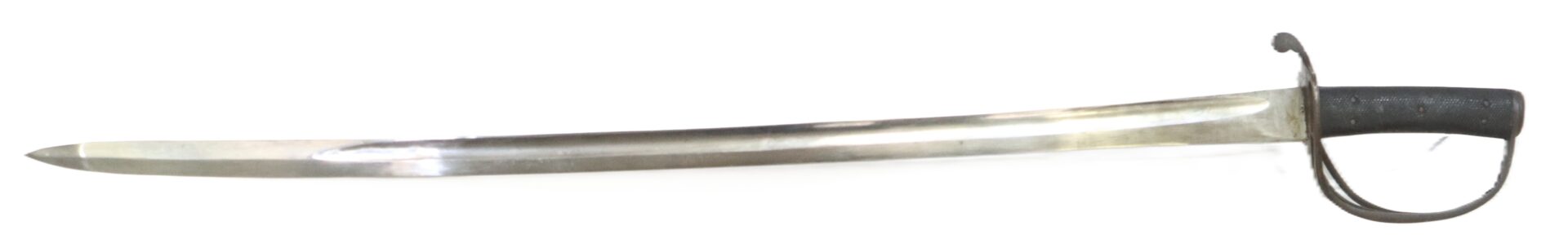 A single-edged sword with a slightly curved blade, black handle, and a rounded guard protecting the hand.
