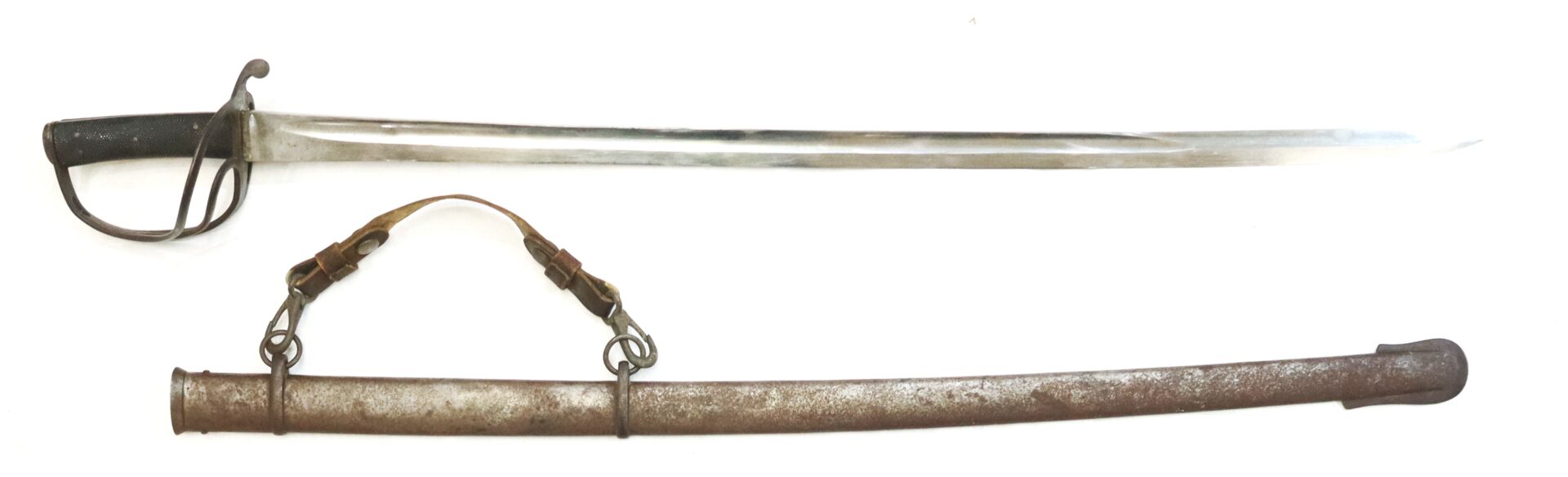 A metal cavalry sword with a black handle and guard, shown above its matching metal scabbard with attached leather straps, both on a white background.