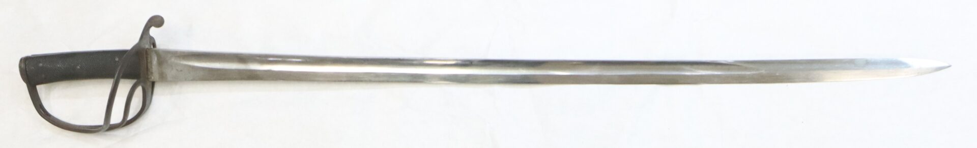 A long, straight metal sword with a single-edged blade and a protective handguard, laid flat on a white background.
