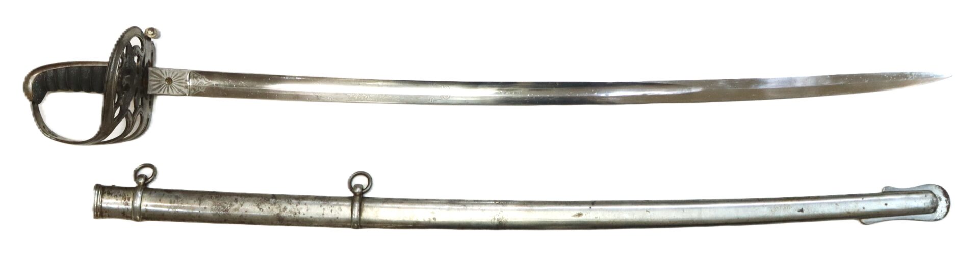 A metal sword with an ornate guard and a straight blade is shown above a matching scabbard with two hanging rings.