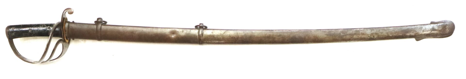 A metal cavalry sword with a curved blade, protective hand guard, and a scabbard featuring two mounting rings, shown against a white background.
