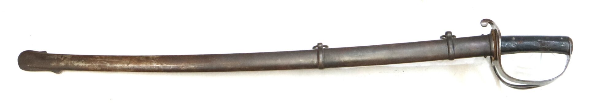 A vintage cavalry sword with a curved blade, metal scabbard, and a protective hand guard on the hilt.