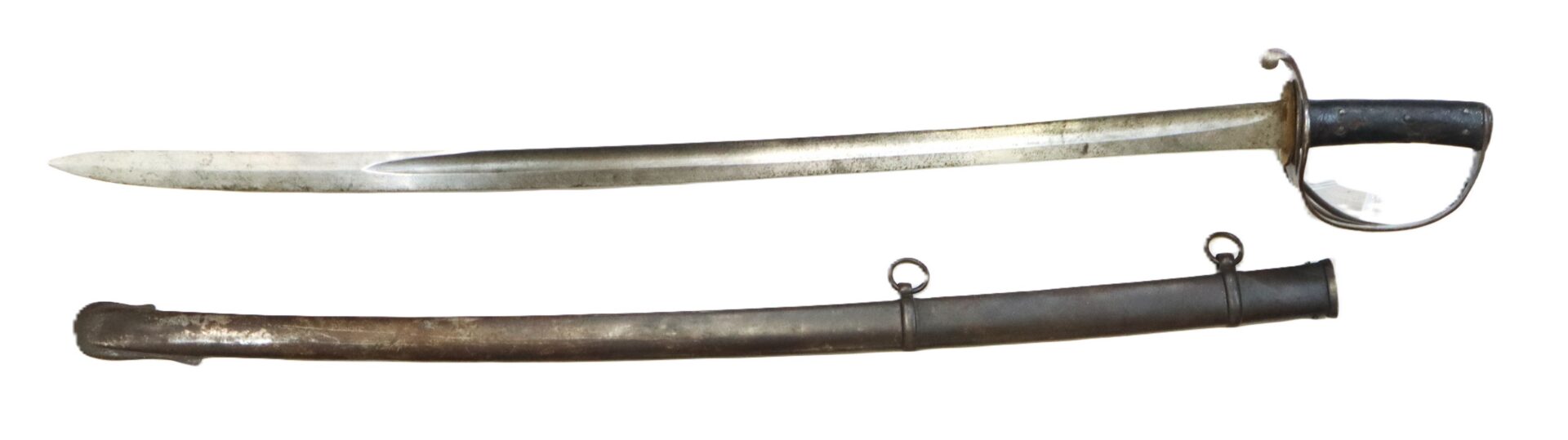 A metal saber with a protective basket hilt and a matching scabbard, both showing signs of wear and age, displayed on a white background.