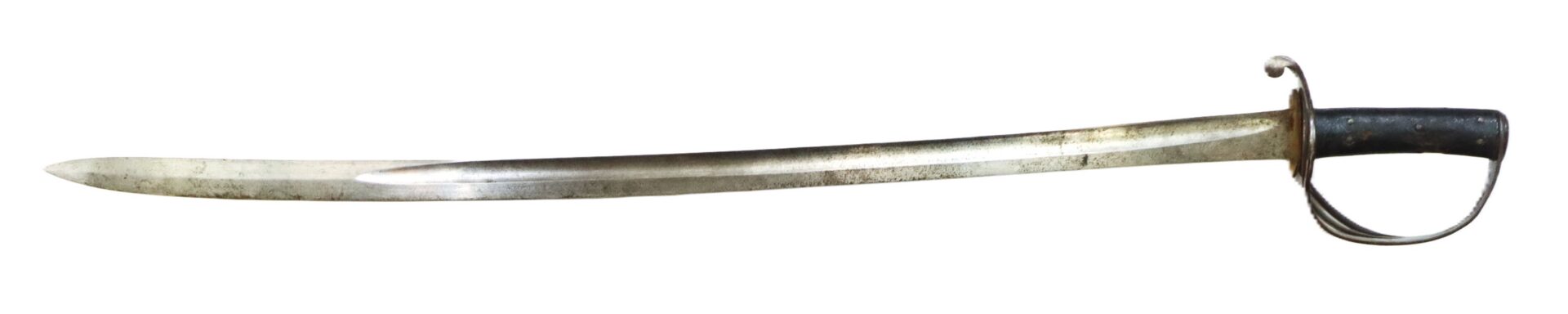 A vintage sabre with a curved metal blade, black handle, and a protective knuckle guard on a white background.