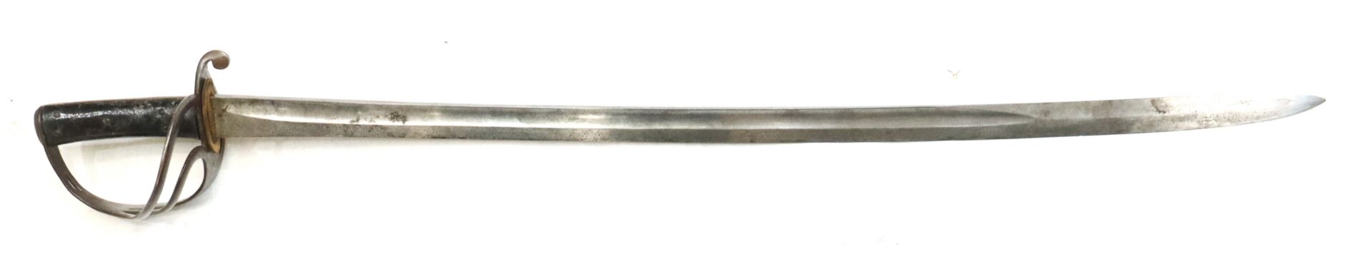 A single-edged steel sword with a curved blade, metal hand guard, and black grip, displayed on a white background.