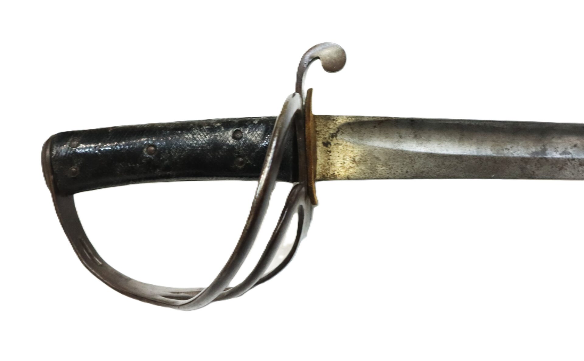 A close-up of an old metal sword with a curved guard and a worn, dark handle against a white background.