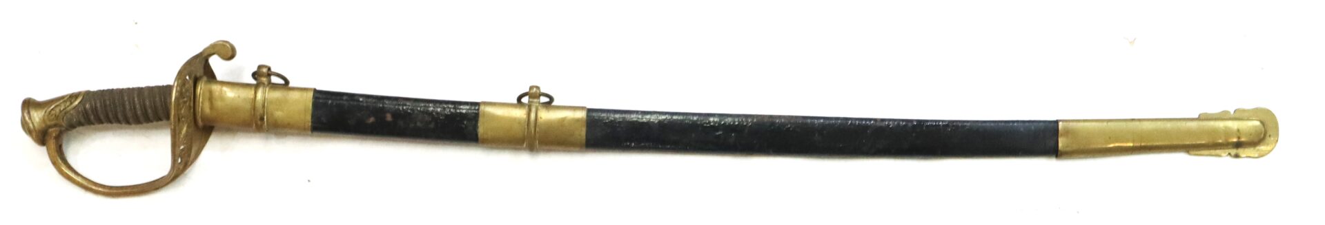 A vintage sword with an ornate hilt and a black scabbard featuring gold-colored metal fittings, displayed on a white background.