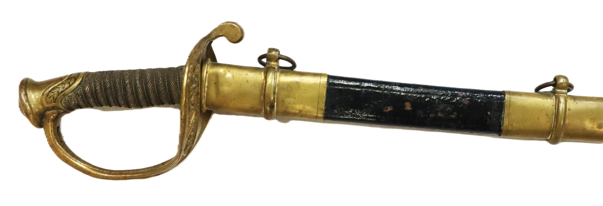 Antique sword with a brass hilt and guard, a grip wrapped in wire, and a black and brass scabbard featuring two suspension rings.