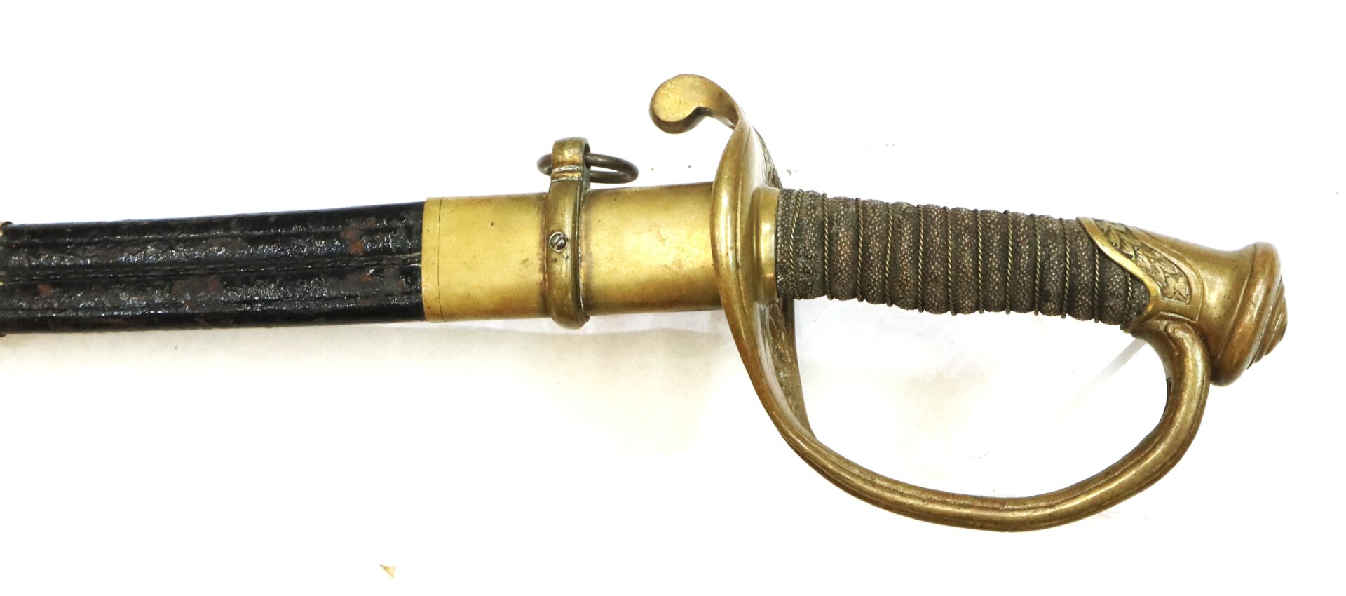 A close-up of an antique sword showing a brass hilt with a knuckle guard and wire-wrapped grip, attached to a partially visible black scabbard with brass fittings.