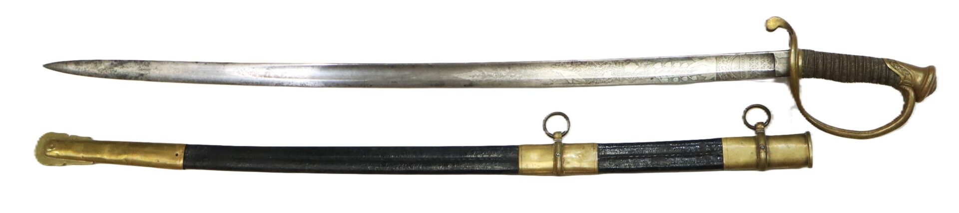 Antique sword with a slightly curved blade, ornate hilt, and accompanying black scabbard with gold-colored fittings.