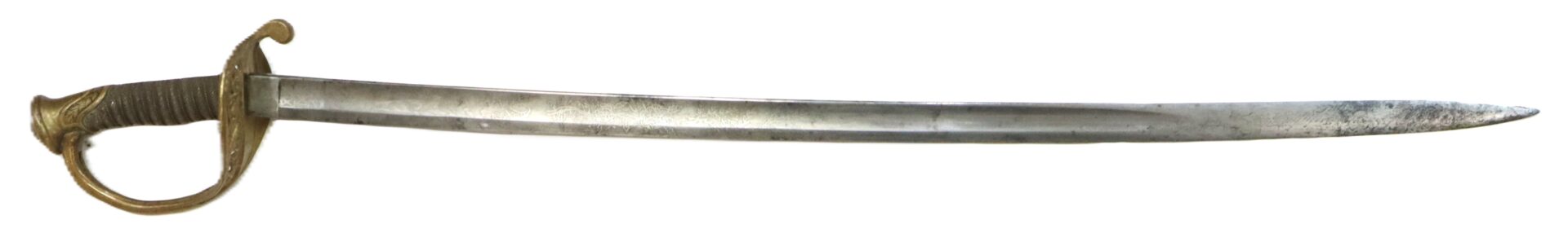 A vintage sword with a slightly curved metal blade and an ornate brass guard and handle, shown on a white background.