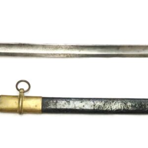 A vintage cavalry sword with a curved blade and brass hilt is shown above its black and brass scabbard on a white background.