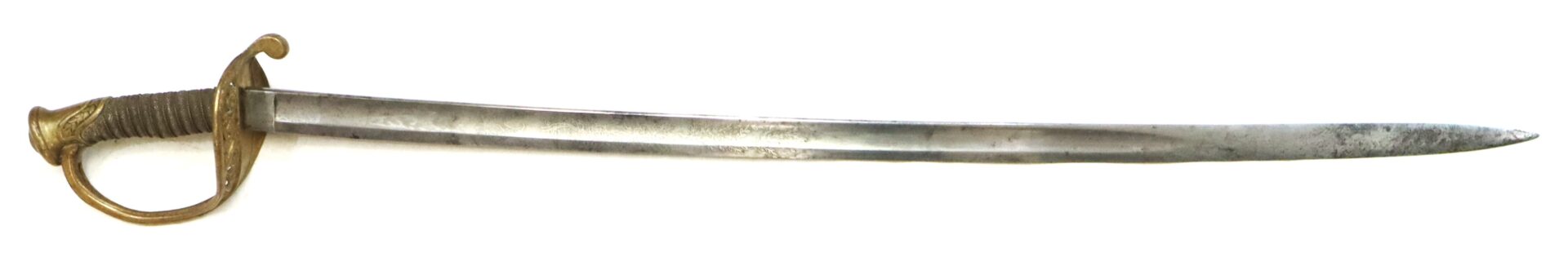 A vintage saber with a curved steel blade, an ornate brass handguard, and a wrapped handle, displayed on a white background.
