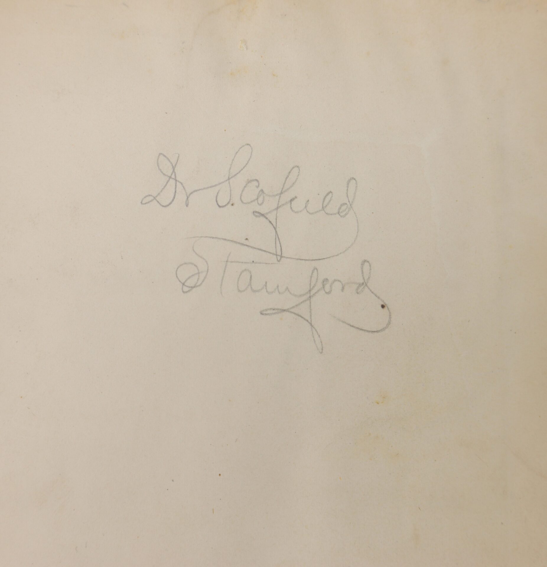 Handwritten note in pencil reading "Dr. Scofield, Stanford" on a plain, slightly stained sheet of paper.