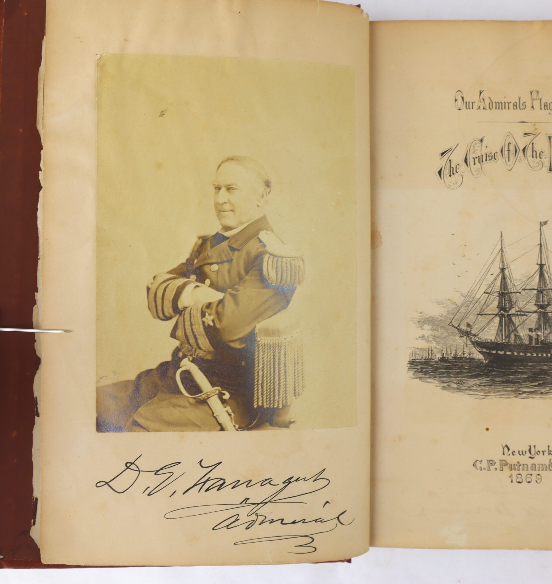 A sepia photograph of a seated naval officer in uniform with epaulettes, next to a book page showing a ship illustration and handwritten signature “D. G. Farragut Admiral.”.