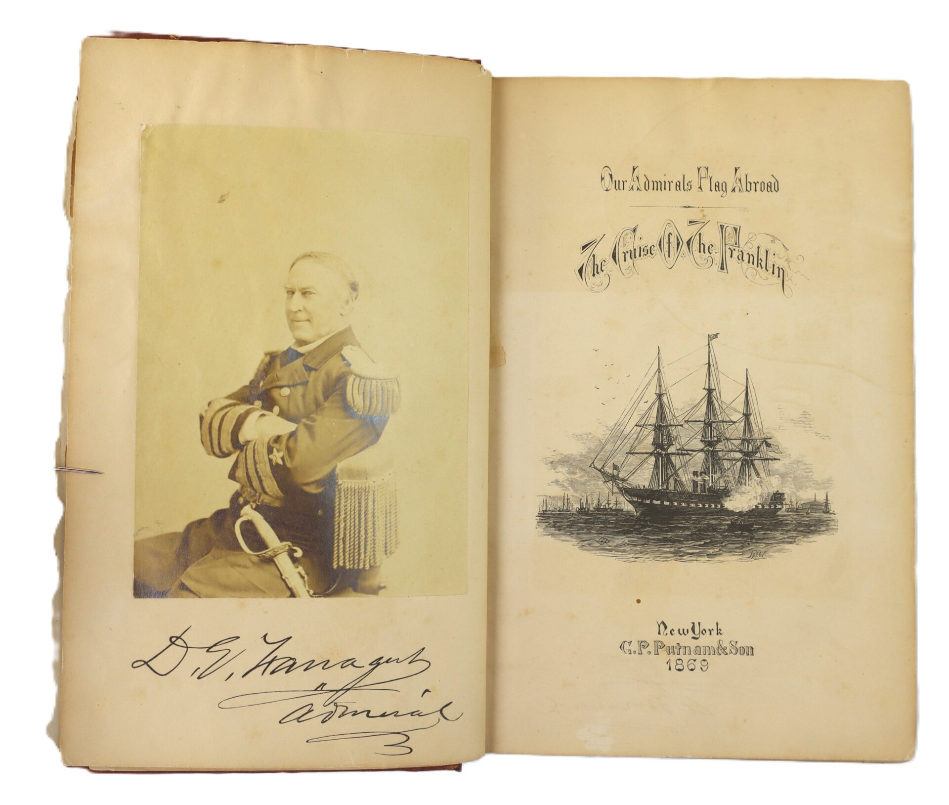 An open book showing a sepia portrait of a uniformed man on the left and a title page with an illustration of a ship and text reading “The Cruise of the Franklin” dated 1869 on the right.
