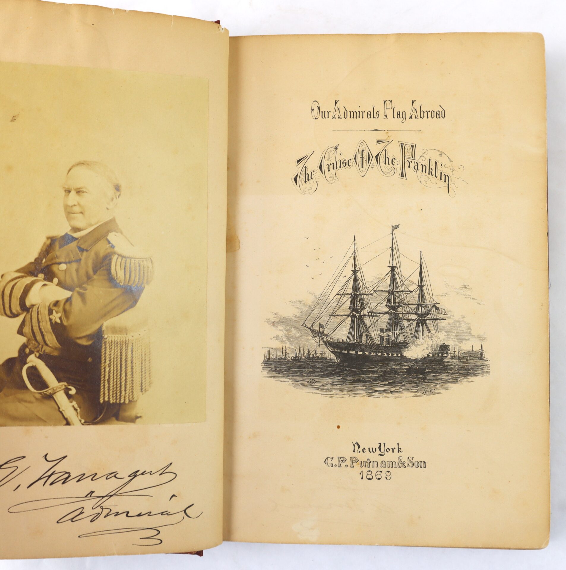 Open book showing a sepia photograph of a uniformed man on the left and a title page with a ship illustration and text on the right.