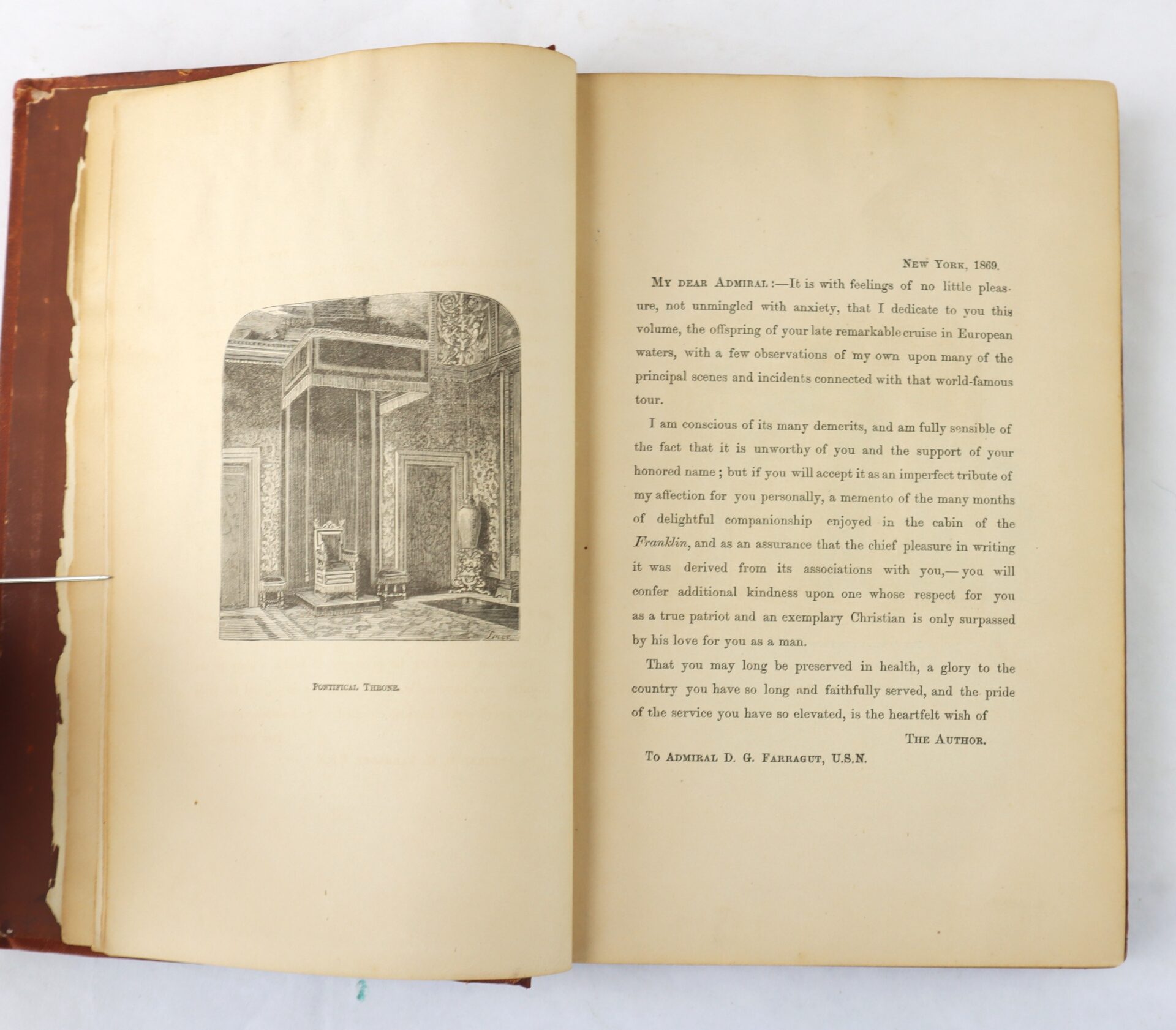 An open antique book shows a black-and-white illustration labeled "Furniture, Turkish" on the left page and a printed letter dated New York, 1869, on the right page.