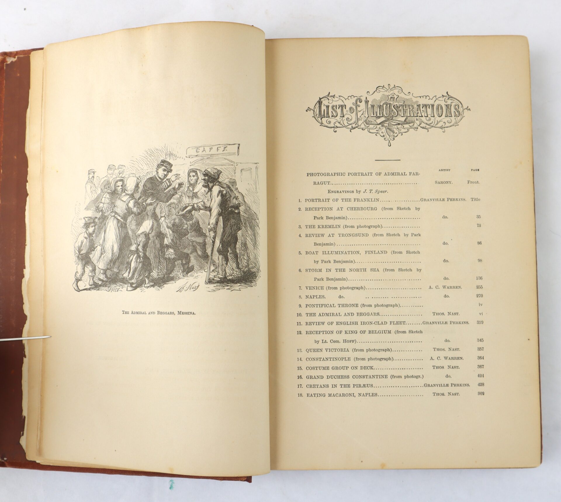 Open book displaying an illustrated scene on the left page titled "The Arrest of Brown, Missouri," and a "List of Illustrations" with page numbers on the right page.