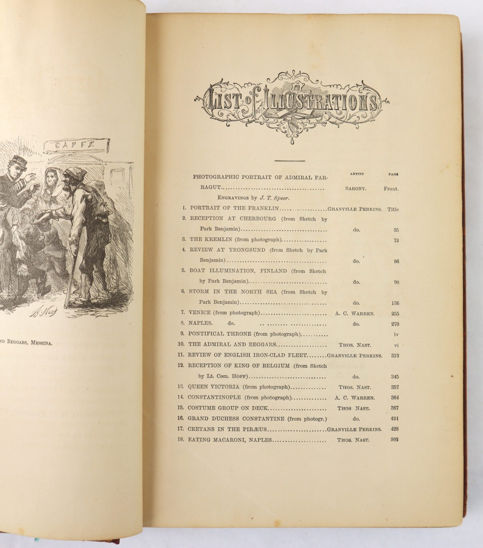An open book showing a "List of Illustrations" page with a decorative heading, a list of illustration titles with page numbers, and a small black-and-white sketch on the left page.