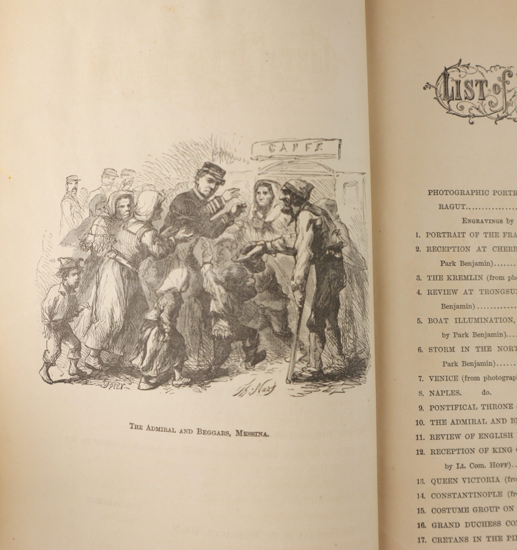A black-and-white illustration titled "The Admiral and Beggars, Messina" shows a group of people gathered in front of a café, with a table of contents on the right.