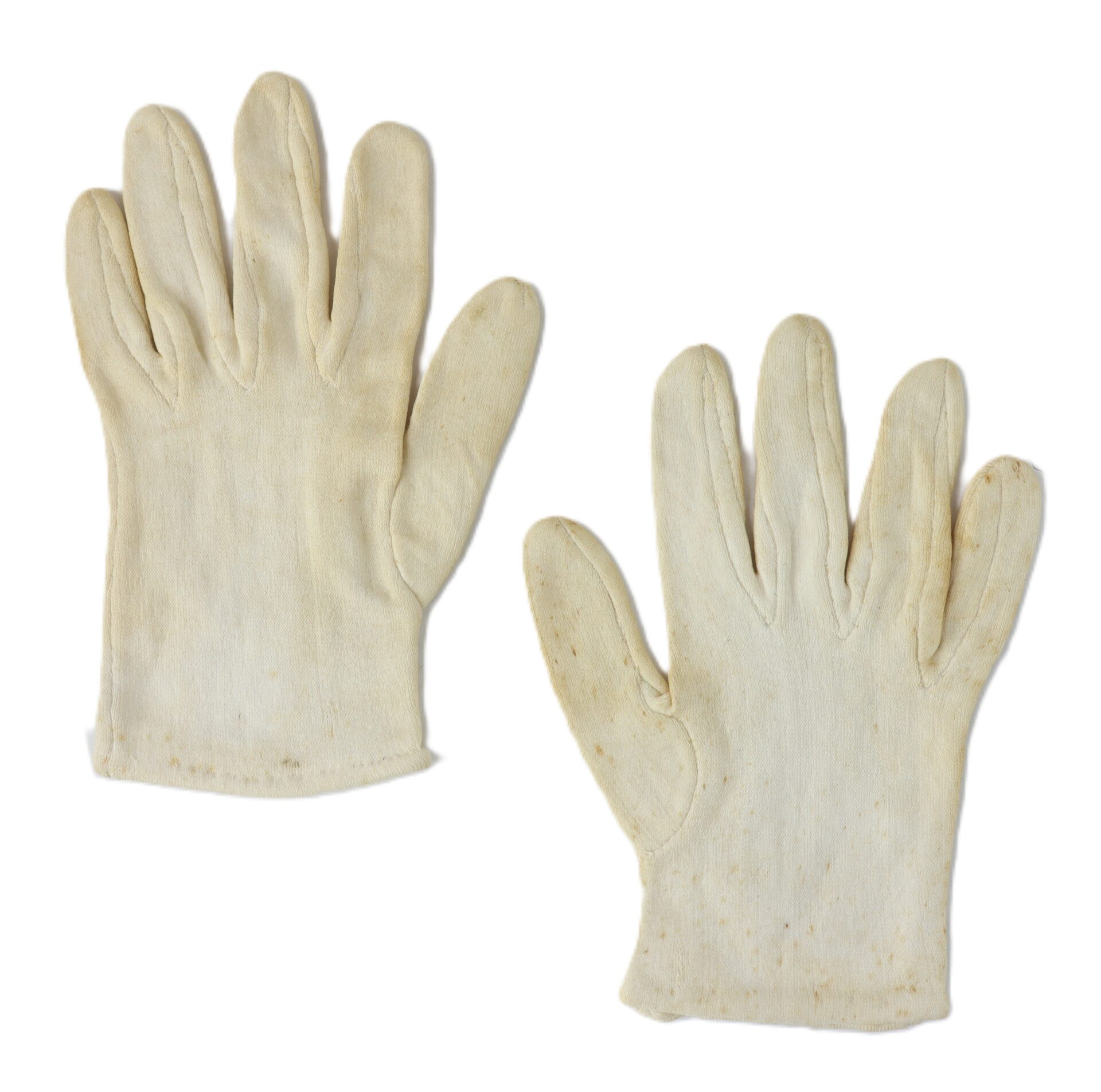 A pair of off-white cotton gloves, displayed flat with the palms facing up.