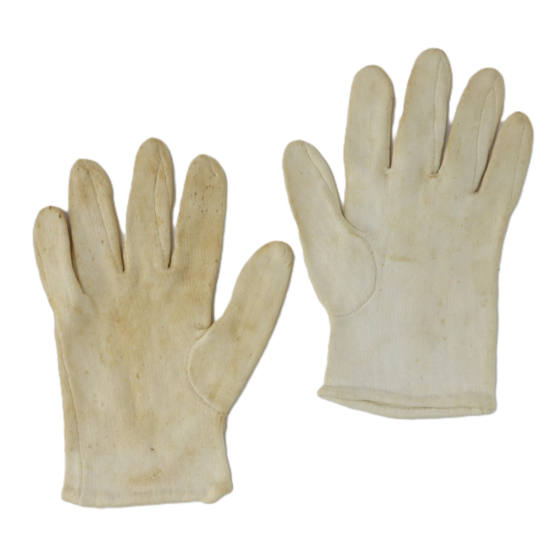 A pair of off-white work gloves with some visible wear and stains, laid flat on a white background.