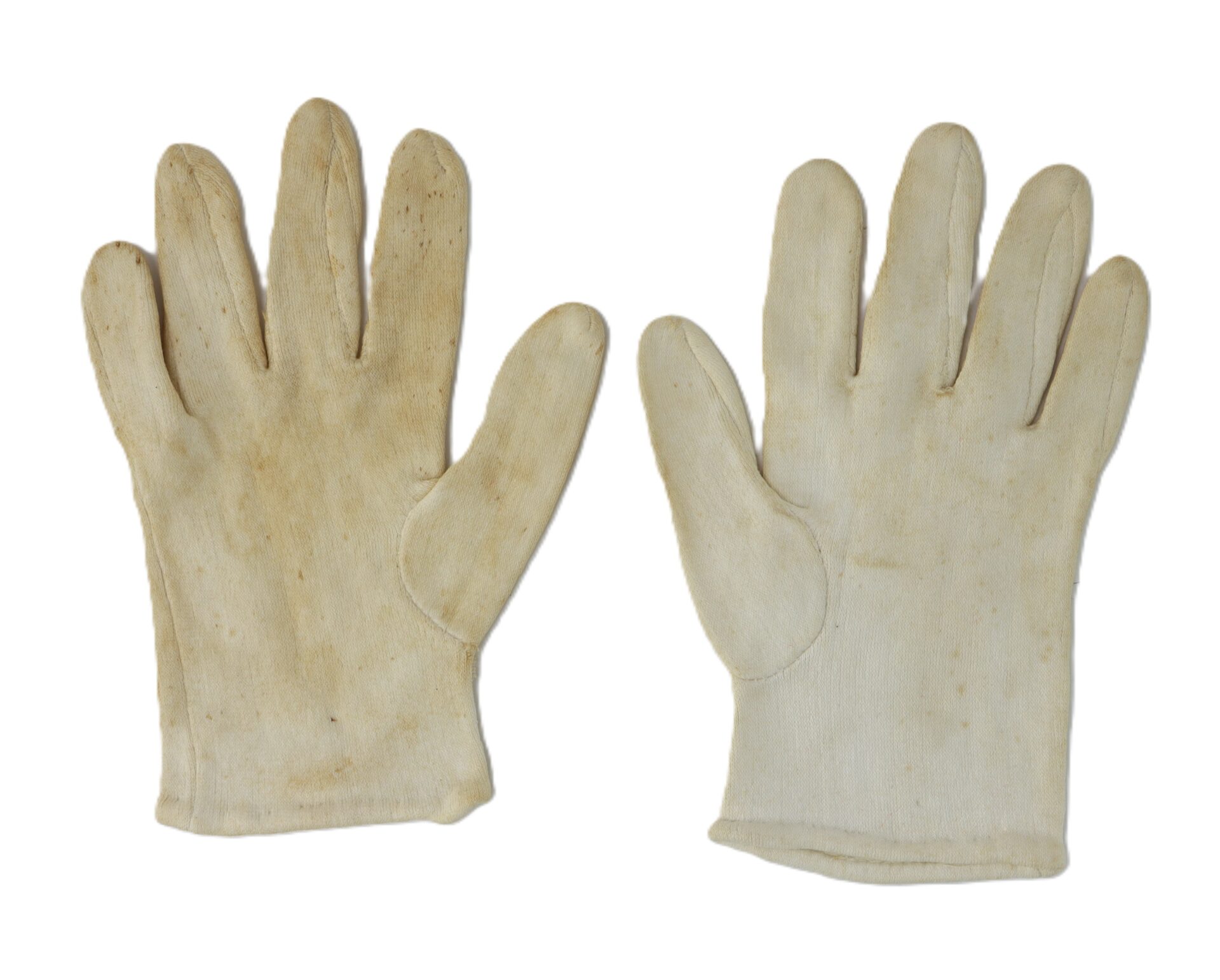 A pair of off-white fabric gloves with some visible stains, displayed palm up and palm down on a white background.
