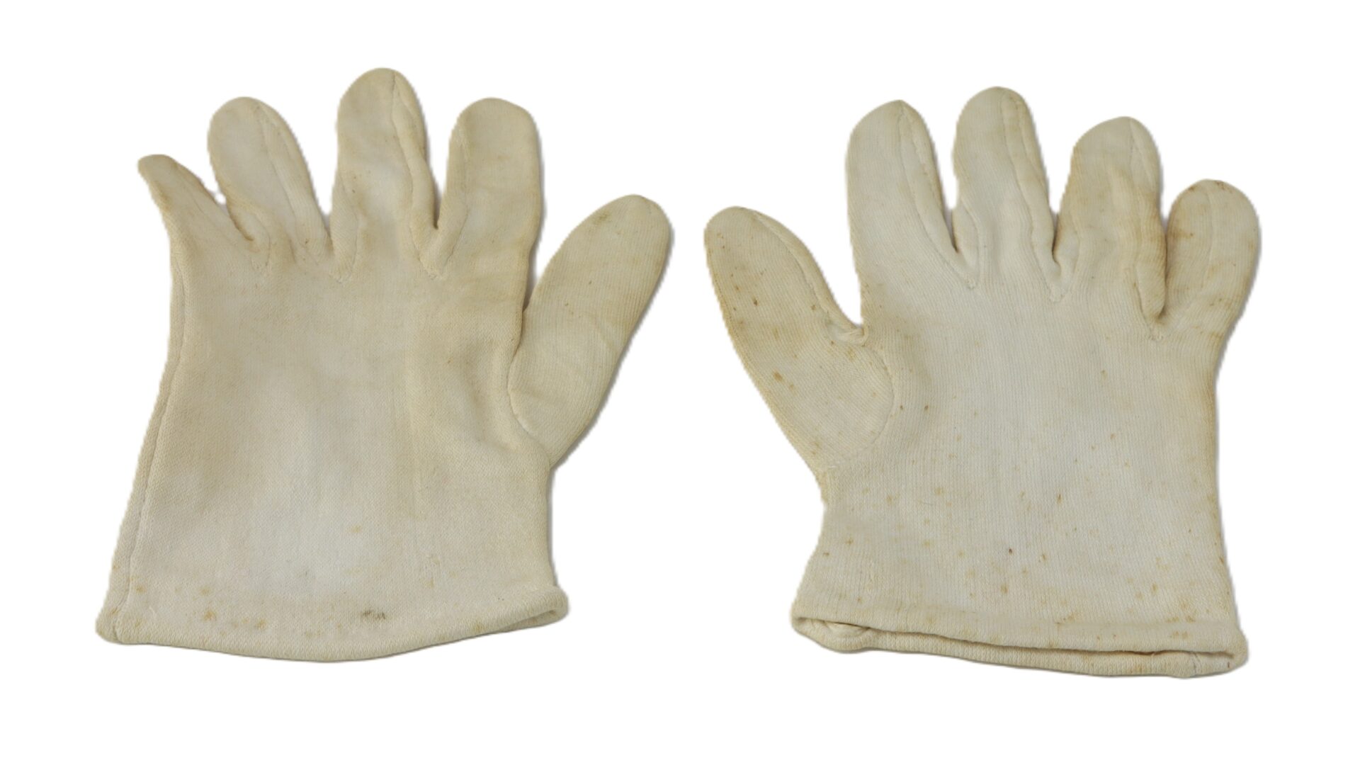A pair of worn, off-white cotton gloves with visible stains, displayed side by side on a white background.