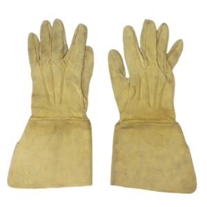 A pair of yellow-brown leather gloves with long cuffs, laid flat against a white background.