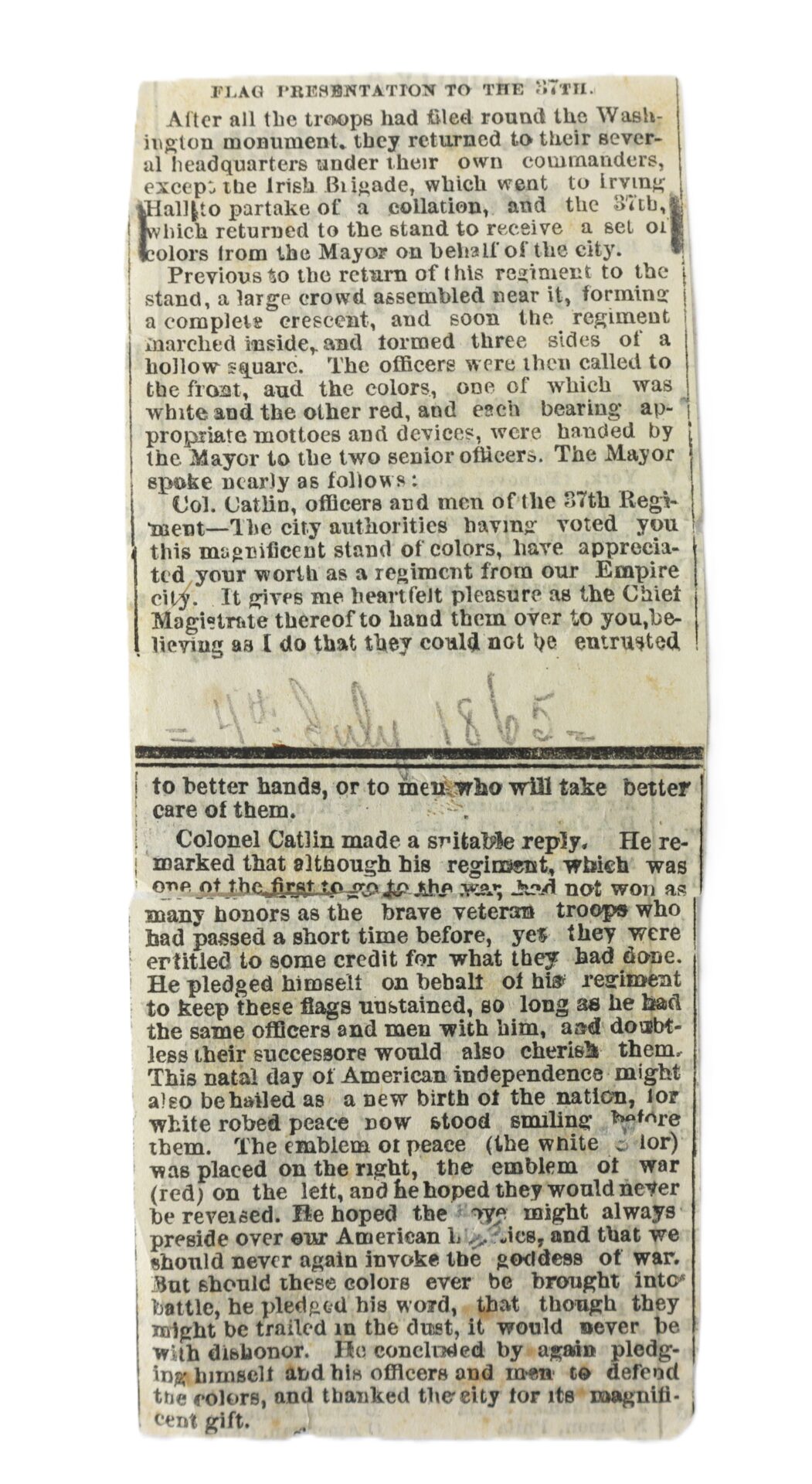 A vintage newspaper clipping titled "Flag Presentation to the 37th," describing a ceremony honoring the 37th Regiment with speeches and the presentation of a flag.