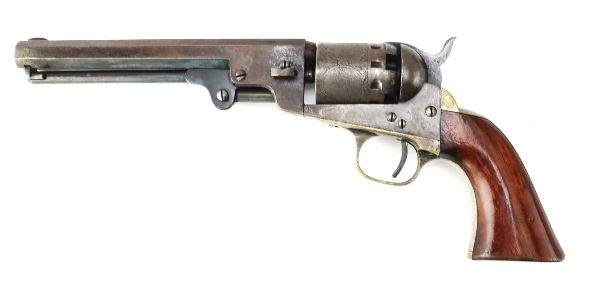 A vintage revolver with a wooden grip and metal barrel, displayed in a side view on a white background.