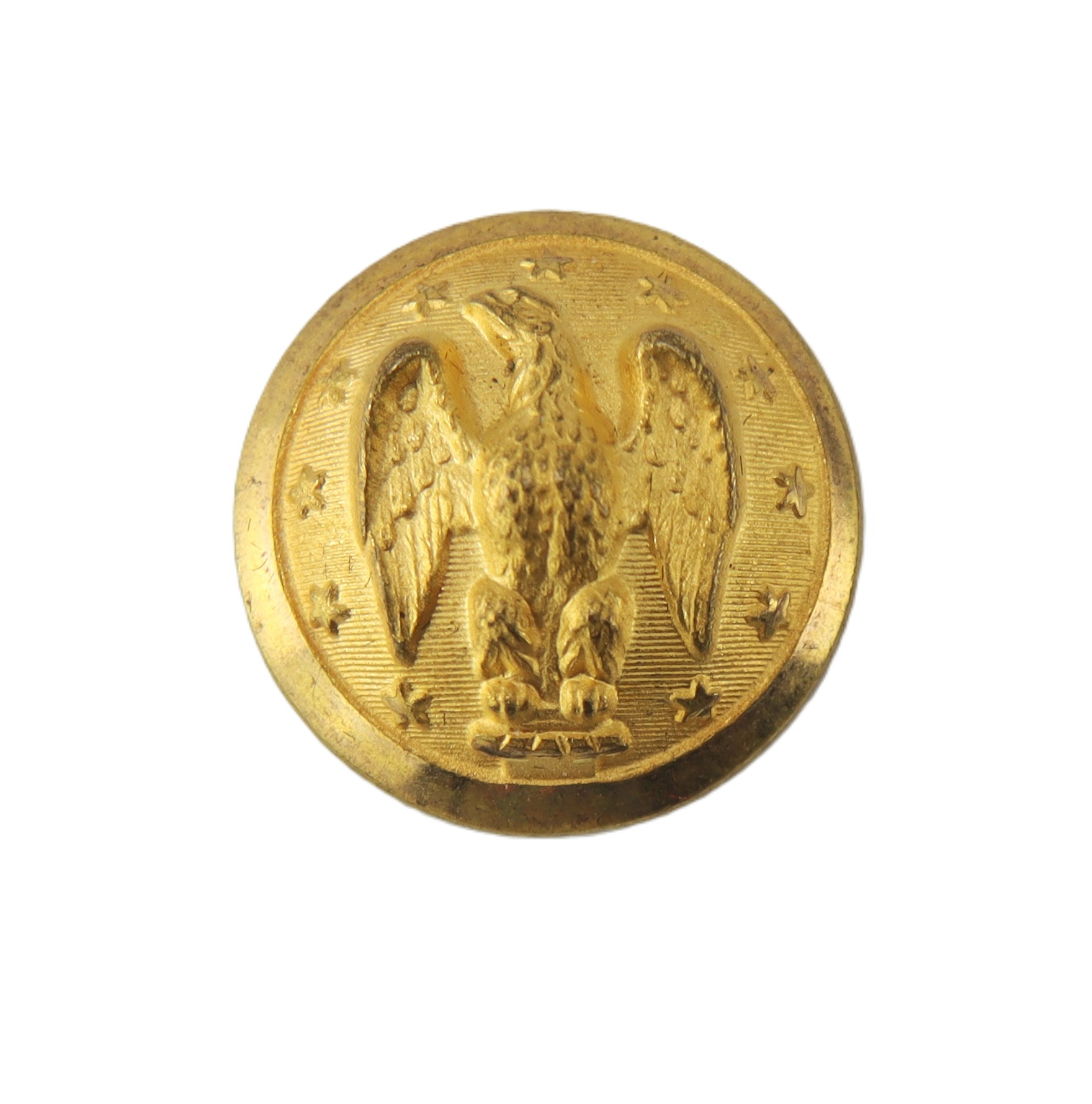 Round gold button featuring a raised eagle with outstretched wings, surrounded by a circle of stars on a textured background.