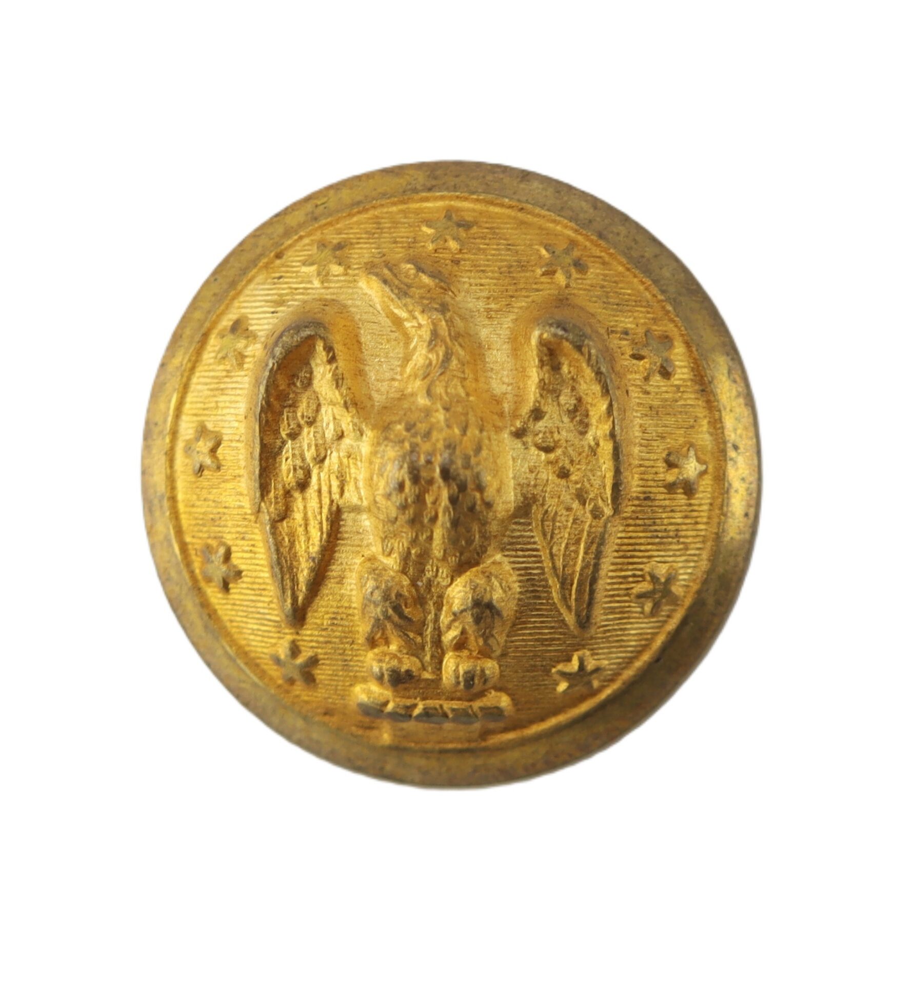 Gold military button featuring an embossed eagle with outstretched wings, surrounded by a circle of stars.