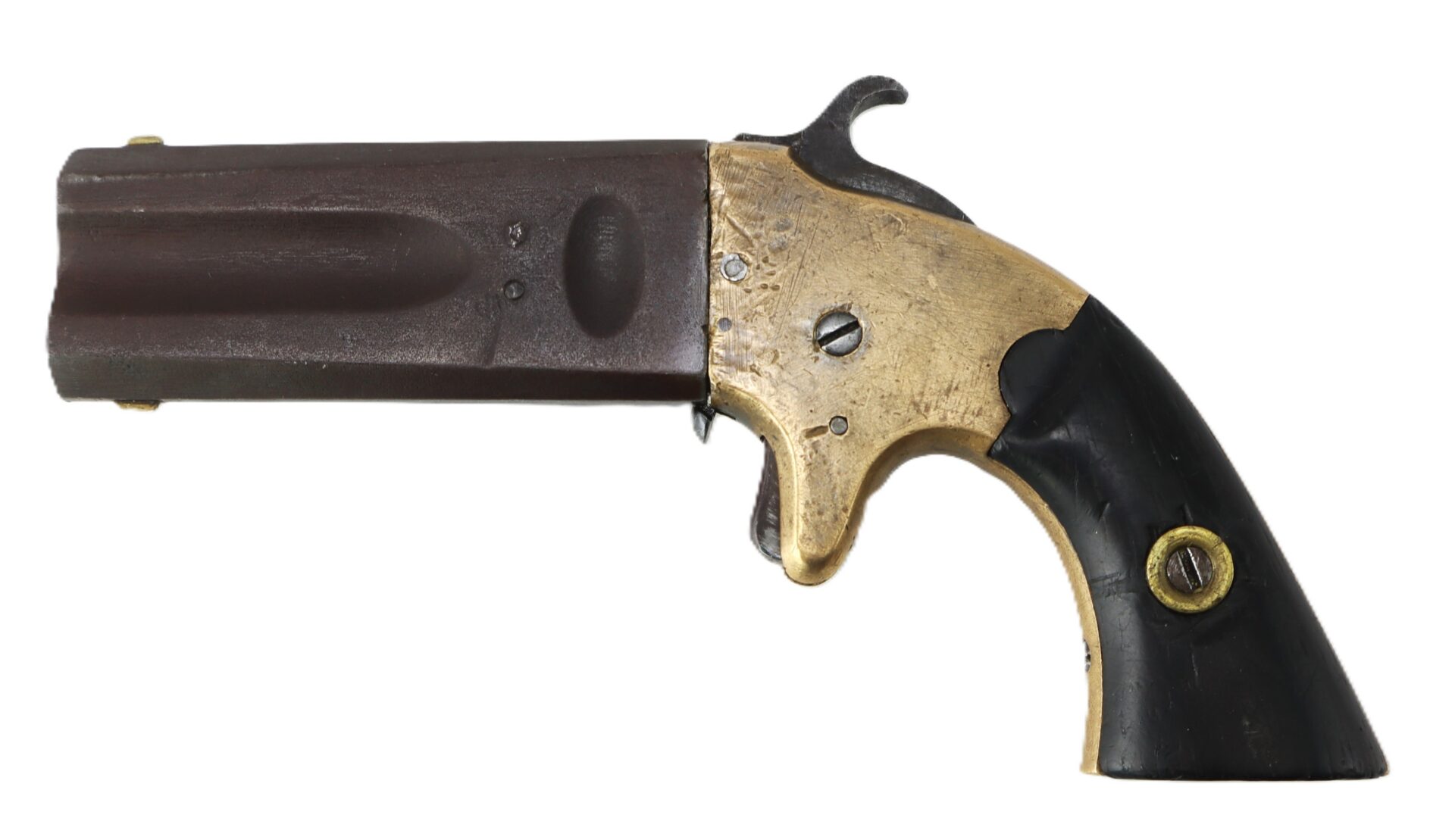 A vintage derringer-style pistol with a brass frame, dark barrel, and black grip, displayed on a white background.