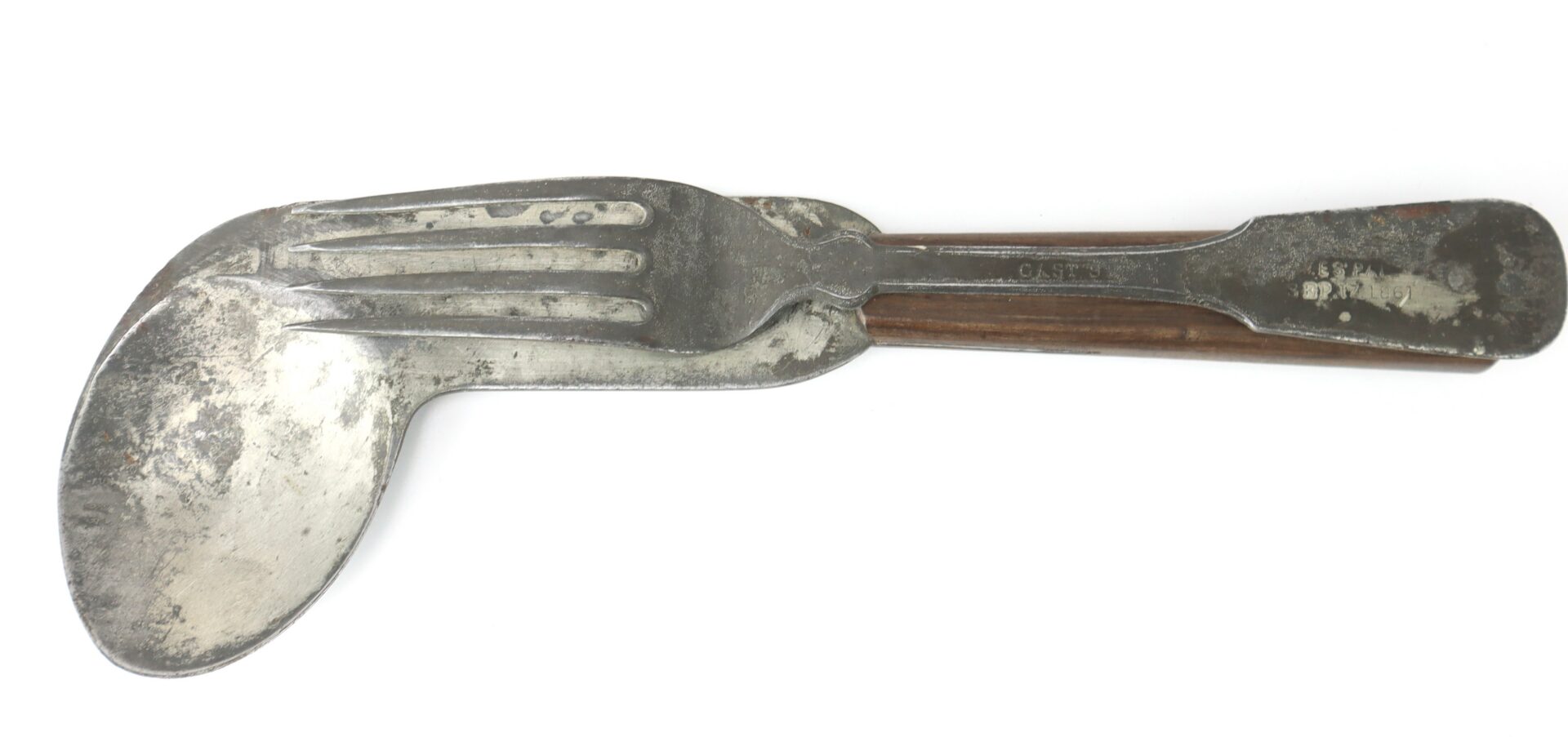 A metal spoon and fork combined into a single foldable utensil with a hinge at the handles.