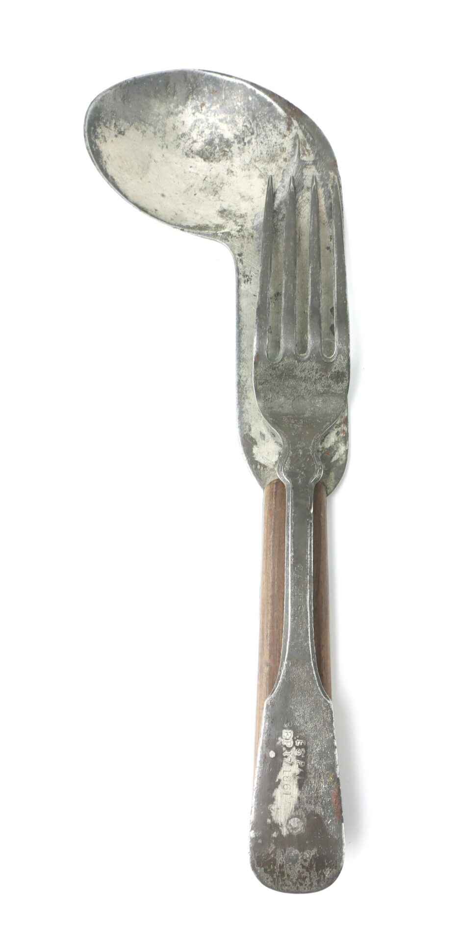 A metal utensil combining a spoon and a fork with a wooden handle, photographed on a white background.