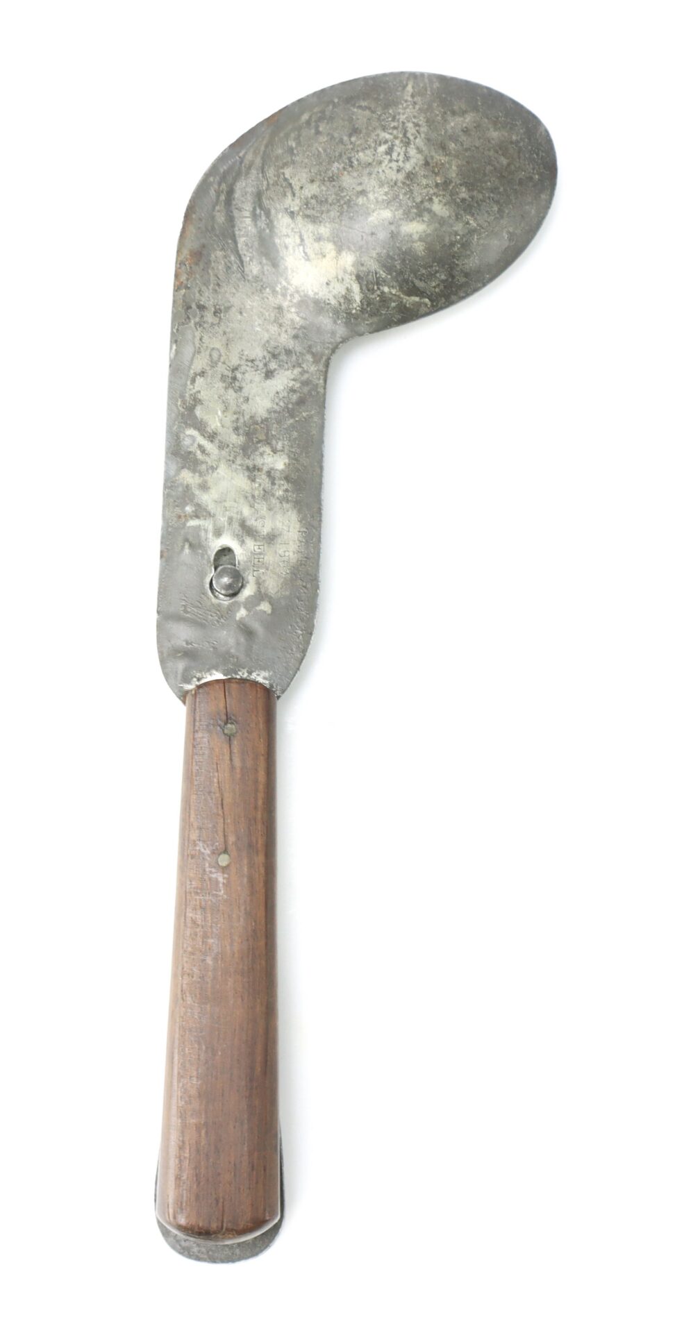 A vintage metal ice cream scoop with a curved blade and a wooden handle, photographed on a white background.