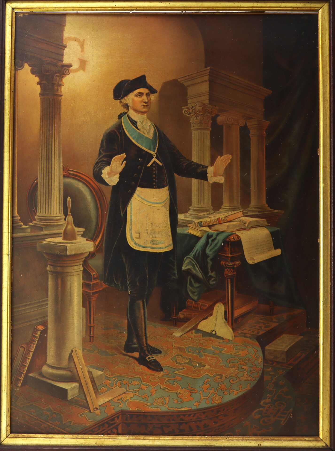 A man in 18th-century attire wearing a Masonic apron stands with raised hands in a room with columns, books, and Masonic symbols.