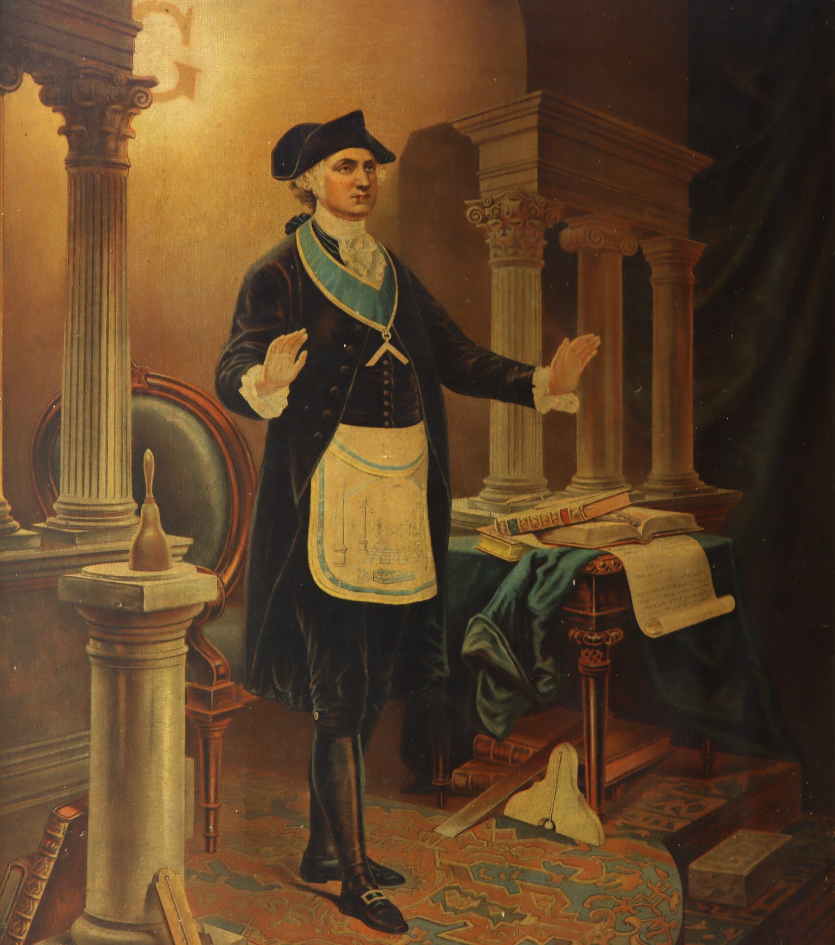 A man in 18th-century clothing stands in a room with columns, Masonic symbols, books, and papers, raising both hands at chest level.