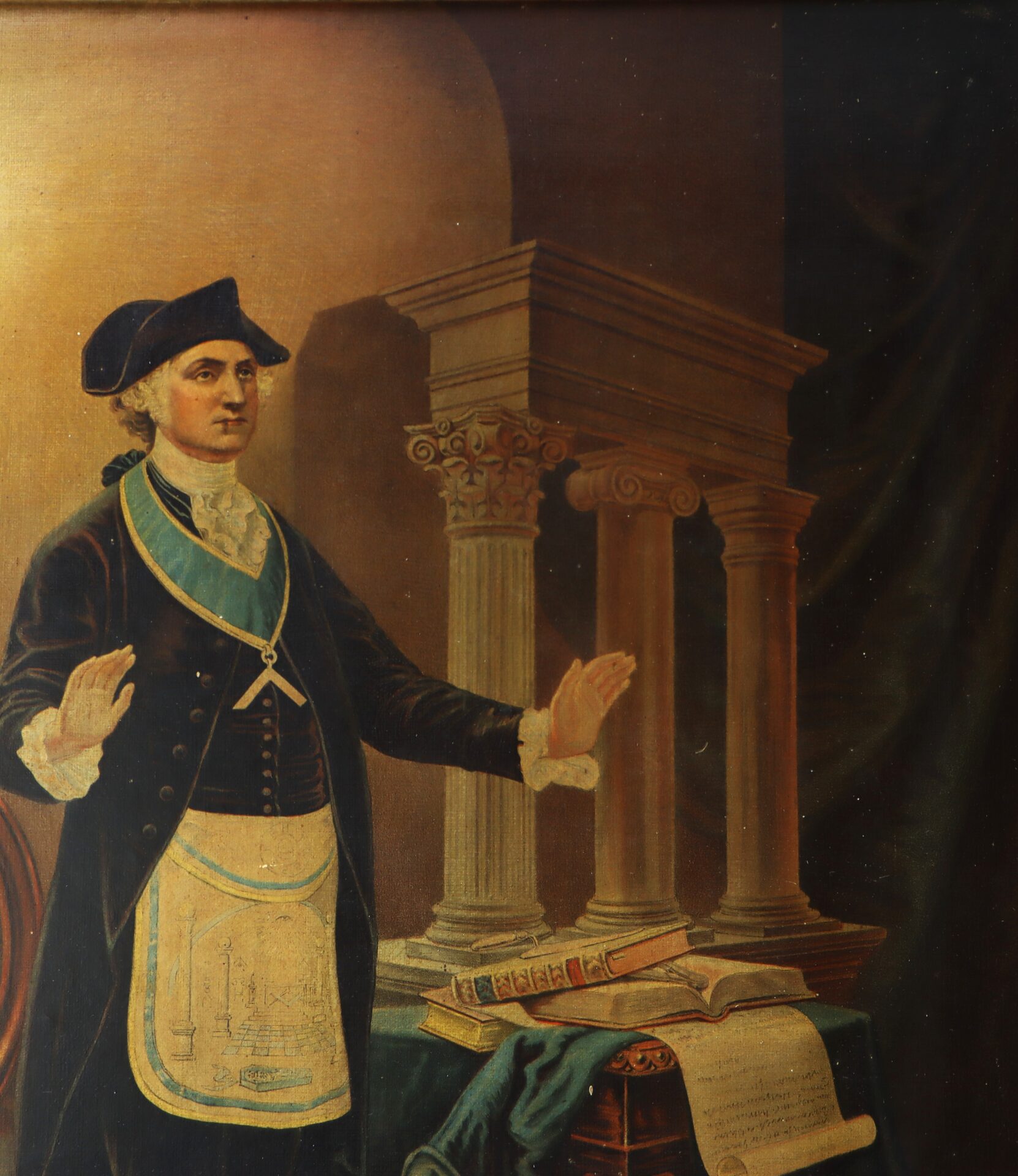 A man in 18th-century attire stands with hands raised near a table with books and architectural drawings, with classical columns in the background.